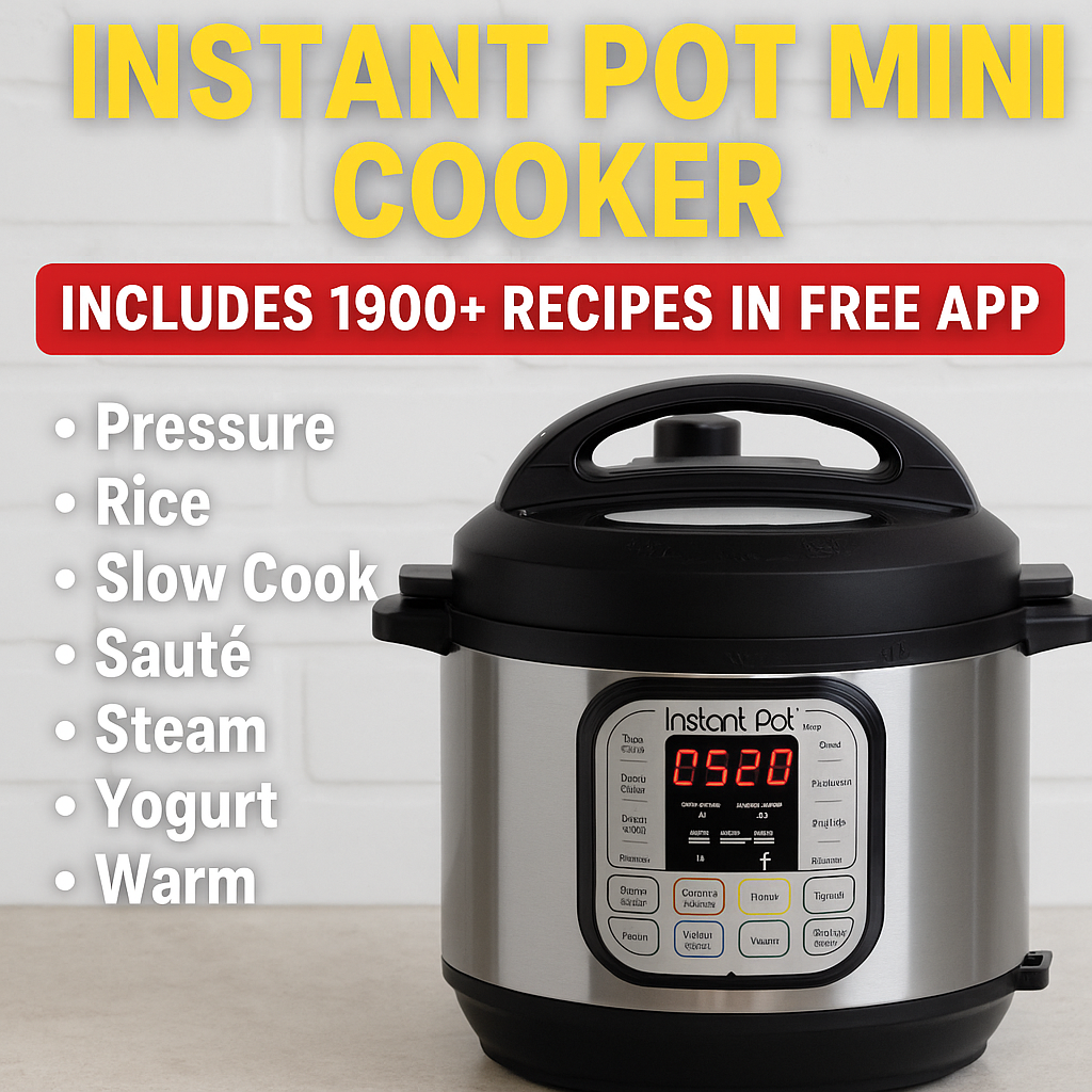 7 in 1 Instant Pot Mini Cooker with 1900 Recipes Free App